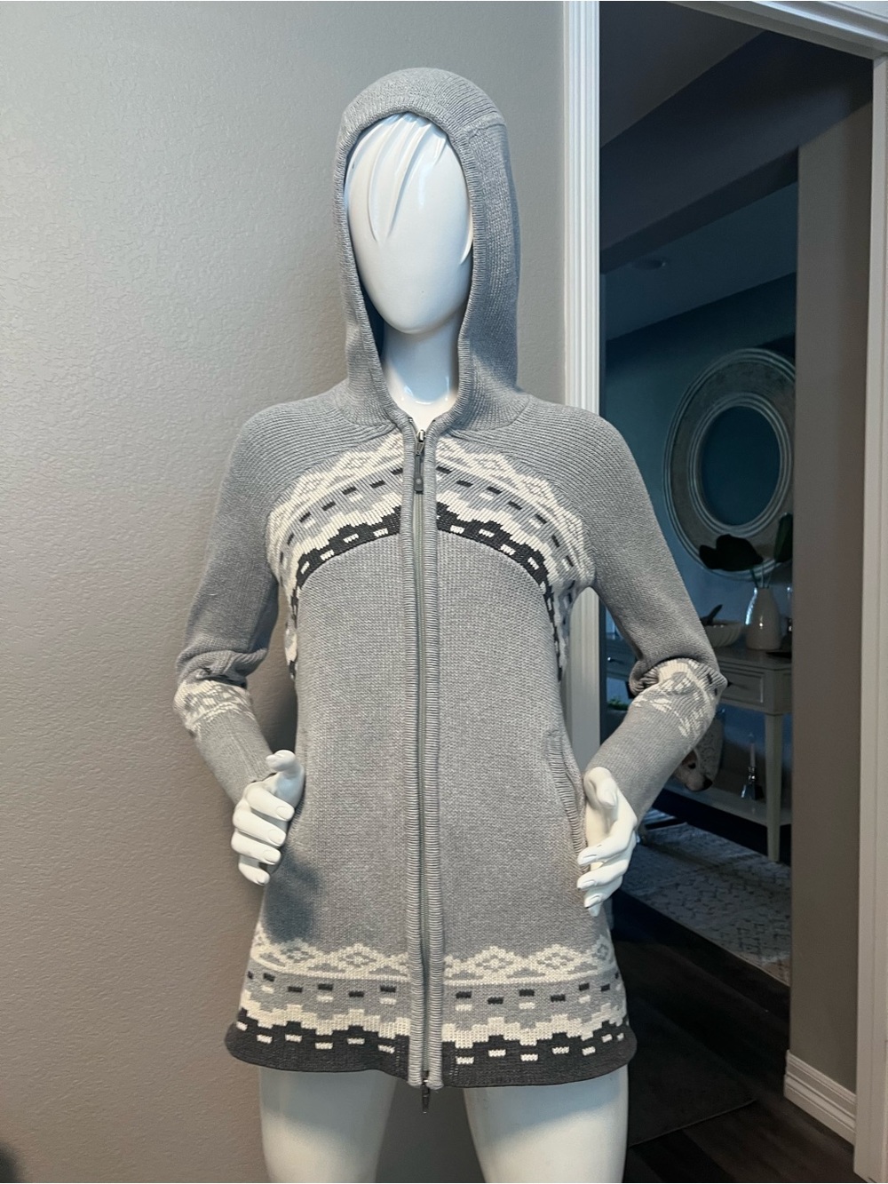 ATHLETA Gray Hooded Knit Zip Cardigan with Nordic Pattern